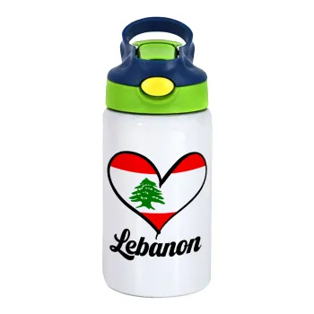 Lebanon flag, Children's hot water bottle, stainless steel, with safety straw, green, blue (350ml)
