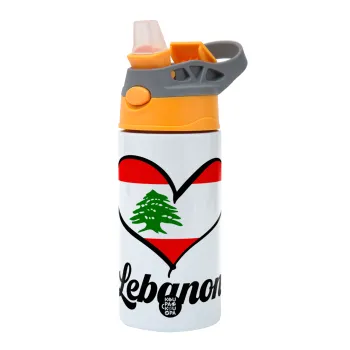 Lebanon flag, Children's hot water bottle, stainless steel, with safety straw, Orange/Grey (360ml) BPA-FREE