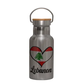 Lebanon flag, Stainless steel metallic thermos flask, silver with a bamboo lid, double-walled, 350ml.