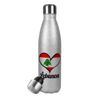 Lebanon flag, Μεταλλικό παγούρι θερμός Glitter Aσημένιο (Stainless steel), διπλού τοιχώματος, 500ml