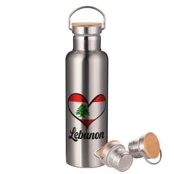 Lebanon flag, Μεταλλικό παγούρι θερμός (Stainless steel) Ασημένιο με ξύλινο καπακι (bamboo), διπλού τοιχώματος, 750ml