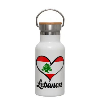 Lebanon flag, Μεταλλικό παγούρι θερμός (Stainless steel) Λευκό με ξύλινο καπακι (bamboo), διπλού τοιχώματος, 350ml