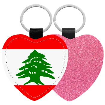 Lebanon flag, Μπρελόκ PU δερμάτινο glitter καρδιά ΡΟΖ