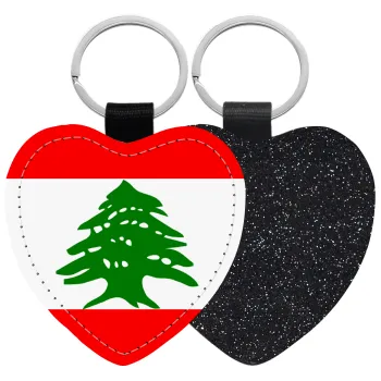 Lebanon flag, Μπρελόκ PU δερμάτινο glitter καρδιά ΜΑΥΡΟ
