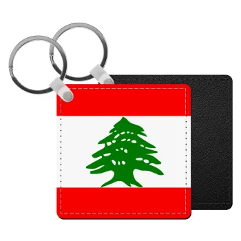 Lebanon flag, Μπρελόκ Δερματίνη, τετράγωνο ΜΑΥΡΟ (5x5cm)