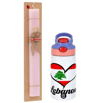 Lebanon flag, Πασχαλινή Λαμπάδα με Παιδικό παγούρι θερμό, ανοξείδωτο, με καλαμάκι ασφαλείας, ροζ/μωβ (350ml) & κερί αρωματικό πλακέ (30cm) (ΡΟΖ)