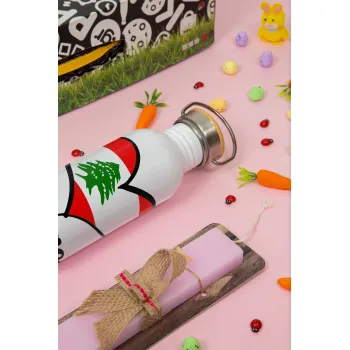 Lebanon flag, Πασχαλινή Λαμπάδα με παγούρι μεταλλικό (620ml, stainless steel) & κερί αρωματικό πλακέ (30cm) (ΡΟΖ)