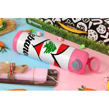 Lebanon flag, Easter candle, Childrens hot water bottle, stainless steel, with safety straw, PINK (500ml)