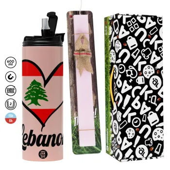 Lebanon flag, Πασχαλινή Λαμπάδα με  ΡΟΖ Travel Tumbler θερμό (600ml, BPA free) & κερί αρωματικό πλακέ (30cm) (ΡΟΖ)