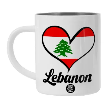 Lebanon flag, Λευκή Ανοξείδωτη Μεταλλική Κούπα 450ml - Διπλού Τοιχώματος 
