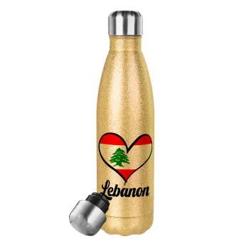 Lebanon flag, Glitter gold stainless steel thermos bottle, double-walled, 500ml