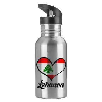 Lebanon flag, Water bottle Silver with straw, stainless steel 600ml
