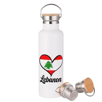 Lebanon flag, Μεταλλικό παγούρι θερμός (Stainless steel) Λευκό με ξύλινο καπάκι (bamboo), διπλού τοιχώματος, 750ml