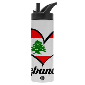 Lebanon flag, Metallic thermos bottle with straw & handle, stainless steel (Stainless steel 304), double-walled, 600ml.