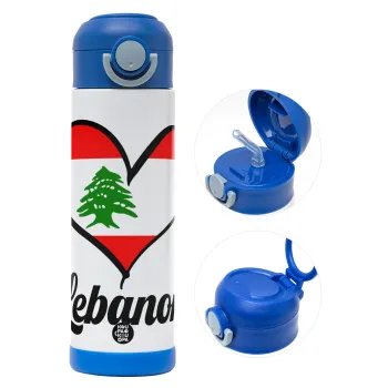 Lebanon flag, Children's hot water bottle, stainless steel, with safety straw, BLUE (500ml)