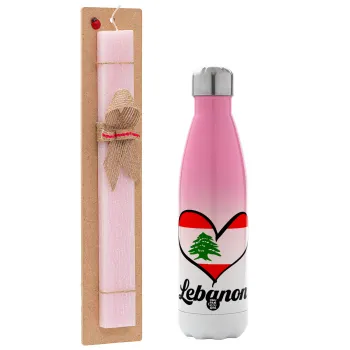 Lebanon flag, Easter Set, Metallic pink/white (Stainless steel) thermos, double-walled, 500ml & aromatic flat Easter candle (30cm) (PINK)