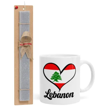 Lebanon flag, Easter Set, Ceramic Cup (330ml) & Easter aromatic flat candle (30cm) (GRAY)