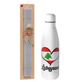 Lebanon flag, Easter Set, metallic stainless thermos bottle (500ml) & scented flat Easter candle (30cm) (GRAY)