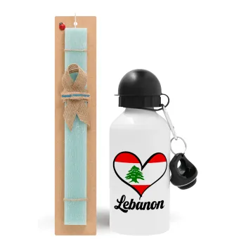 Lebanon flag, Easter Set, metallic aluminum water bottle (500ml) & scented flat candle (30cm) (TURQUOISE)