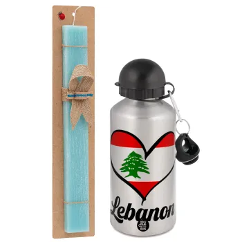 Lebanon flag, Easter Set, metallic silver aluminum water bottle (500ml) & scented flat Easter candle (30cm) (TURQUOISE)