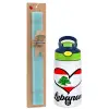 Easter Set, Children's thermal stainless steel bottle with safety straw, green/blue (350ml) & aromatic flat Easter candle (30cm) (TURQUOISE)