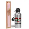 Easter Set, metallic Silver aluminum water bottle (500ml) & scented flat Easter candle (30cm) (PINK)