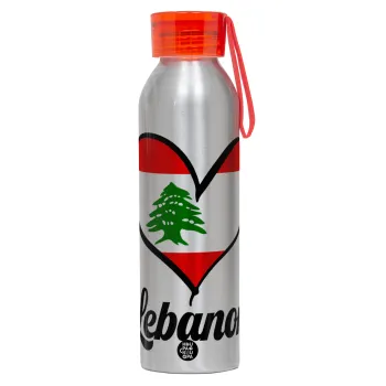 Lebanon flag, Αλουμινένιο Αθλητικό Μπουκάλι 650ml – Ασημί με Κόκκινο Καπάκι και Λουράκι Σιλικόνης