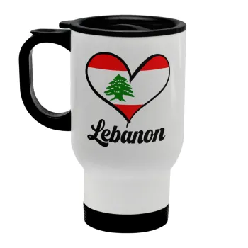 Lebanon flag, Κούπα ταξιδιού ανοξείδωτη με καπάκι, διπλού τοιχώματος (θερμό) λευκή 450ml