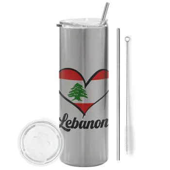 Lebanon flag, Tumbler ποτήρι θερμό Ασημένιο από ανοξείδωτο ατσάλι 600ml, με μεταλλικό καλαμάκι & βούρτσα καθαρισμού