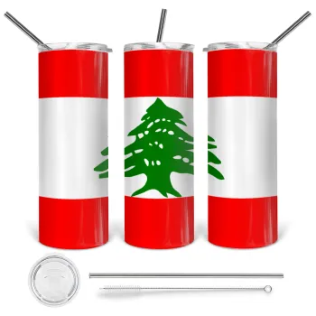 Lebanon flag, Tumbler ποτήρι θερμό από ανοξείδωτο ατσάλι 600ml, με μεταλλικό καλαμάκι & βούρτσα καθαρισμού