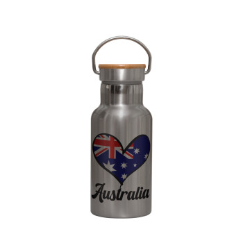 Australia flag, Stainless steel metallic thermos flask, silver with a bamboo lid, double-walled, 350ml.