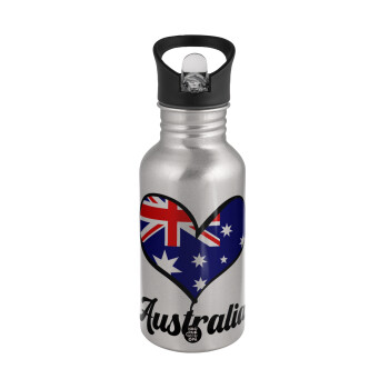 Australia flag, Water bottle Silver with straw, stainless steel 500ml