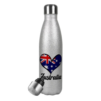 Australia flag, Μεταλλικό παγούρι θερμός Glitter Aσημένιο (Stainless steel), διπλού τοιχώματος, 500ml