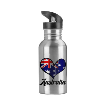 Australia flag, Water bottle Silver with straw, stainless steel 600ml