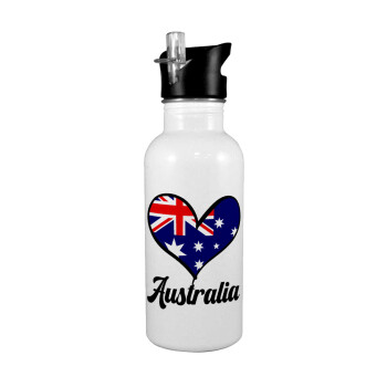 Australia flag, White water bottle with straw, stainless steel 600ml