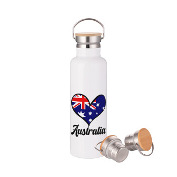 Australia flag, Stainless steel White with wooden lid (bamboo), double wall, 750ml