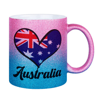 Australia flag, Κούπα Χρυσή/Μπλε Glitter, κεραμική, 330ml