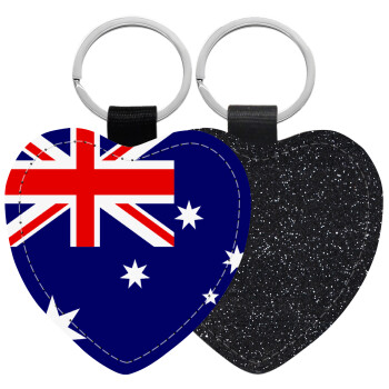 Australia flag, Μπρελόκ PU δερμάτινο glitter καρδιά ΜΑΥΡΟ