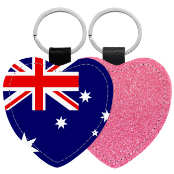 Australia flag, Μπρελόκ PU δερμάτινο glitter καρδιά ΡΟΖ
