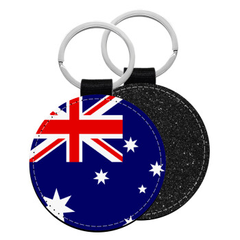 Australia flag, Μπρελόκ Δερματίνη, στρογγυλό ΜΑΥΡΟ (5cm)