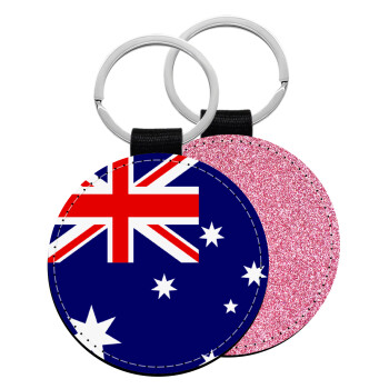 Australia flag, Μπρελόκ Δερματίνη, στρογγυλό ΡΟΖ (5cm)
