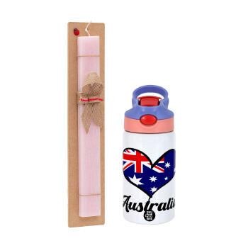 Australia flag, Easter Set, Children's thermal stainless steel water bottle with safety straw, pink/purple (350ml) & Easter scented flat candle (30cm) (PINK)