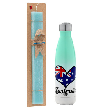 Australia flag, Πασχαλινή Λαμπάδα με Μεταλλικό παγούρι θερμός Πράσινο/Λευκό (Stainless steel), διπλού τοιχώματος, 500ml & κερί αρωματικό πλακέ (30cm) (ΤΙΡΚΟΥΑΖ)