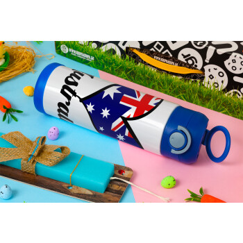 Australia flag, Πασχαλινή Λαμπάδα με Παιδικό παγούρι θερμό, ανοξείδωτο, με καλαμάκι ασφαλείας, ΜΠΛΕ (500ml)