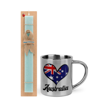 Australia flag, Easter Set, metallic thermal cup (300ml) & aromatic flat Easter candle (30cm) (TURQUOISE)