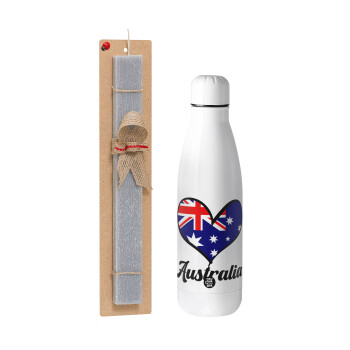 Australia flag, Easter Set, metallic stainless thermos bottle (500ml) & scented flat Easter candle (30cm) (GRAY)