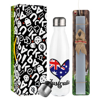 Australia flag, Easter candle, metallic white thermos bottle (500ml) & aromatic flat candle (30cm) (GRAY)
