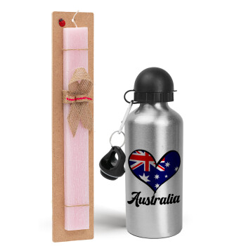 Australia flag, Easter Set, metallic Silver aluminum water bottle (500ml) & scented flat Easter candle (30cm) (PINK)