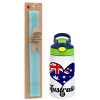 Easter Set, Children's thermal stainless steel bottle with safety straw, green/blue (350ml) & aromatic flat Easter candle (30cm) (TURQUOISE)