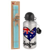 Easter Set, metallic silver aluminum water bottle (500ml) & scented flat Easter candle (30cm) (TURQUOISE)